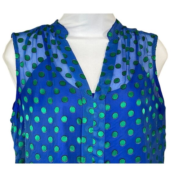 C Wonder Sleeveless Sheer Split Neck Green Polka Dot Pleat Blouse Camisole Small - Picture 2 of 9